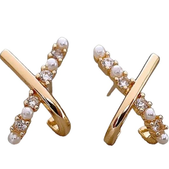 Gold Plated Cross Shaped Pearl and Zircon Stud Earrings - Picture 3 of 9